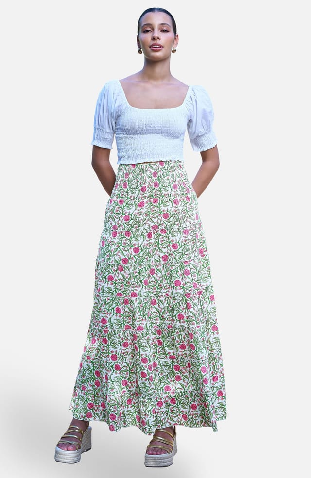 Yumi Yumi Women's White Boho Print Cotton Floral Maxi Skirt - 2