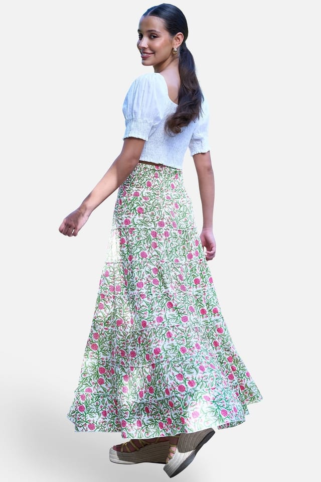 Yumi Yumi Women's White Boho Print Cotton Floral Maxi Skirt - 3