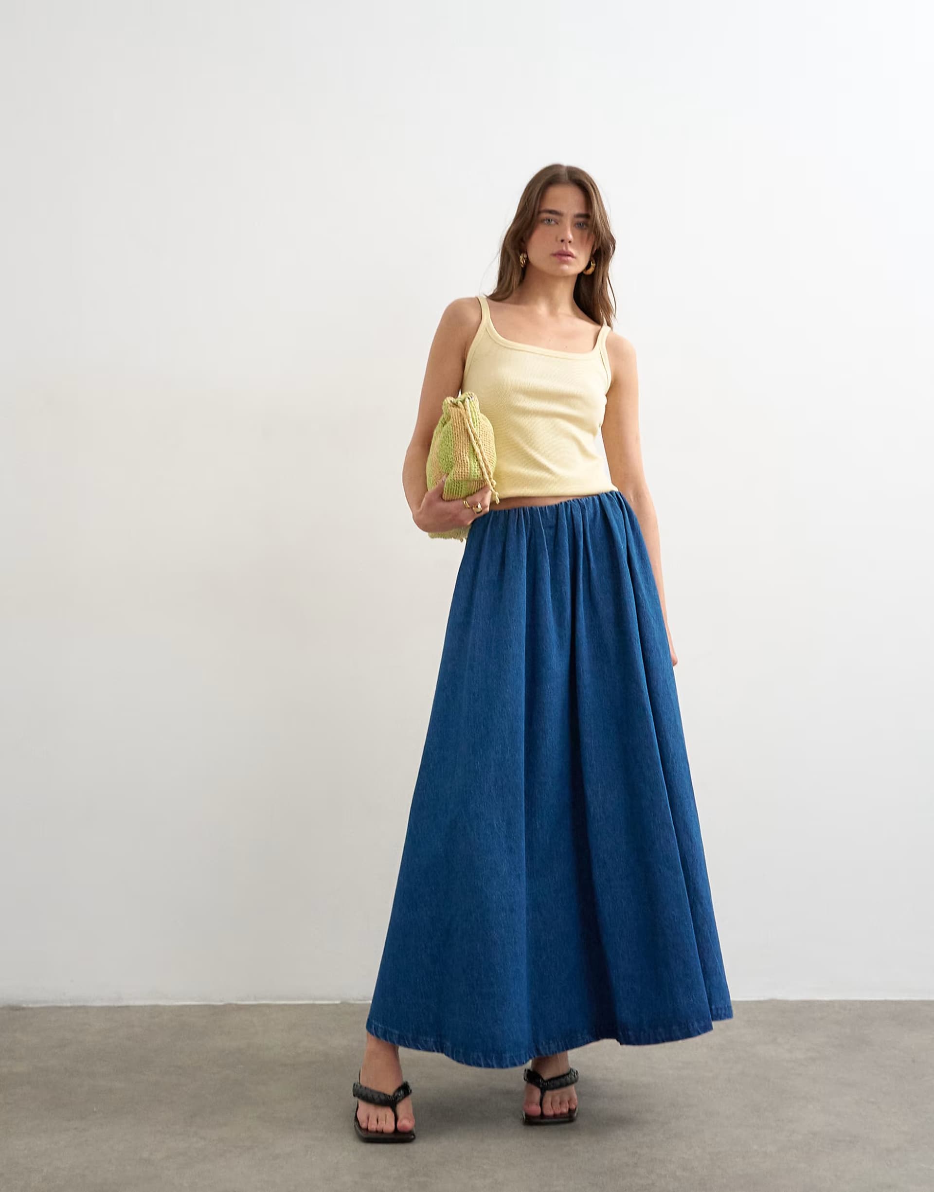ASOS Topshop denim pull on circle skirt in mid blue