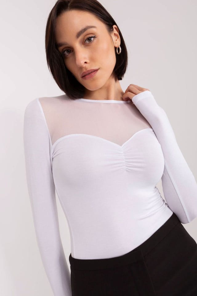 Love Lace Love Lace Women's Cotton Ribbed Creased Neck Long Sleeve Blouse in White - 2