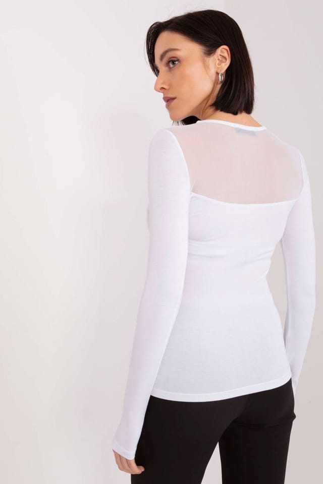 Love Lace Love Lace Women's Cotton Ribbed Creased Neck Long Sleeve Blouse in White - 3