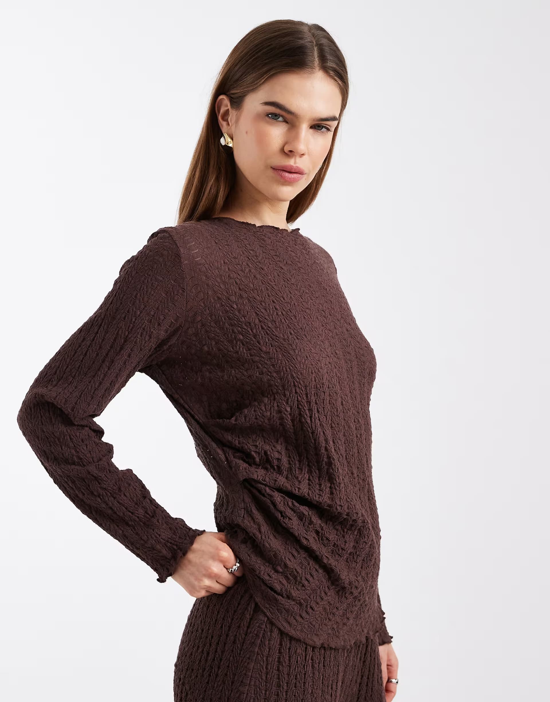 ASOS ONLY long sleeve top co-ord with ruche detail in chocolate 