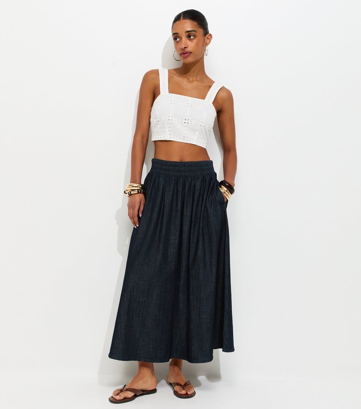 New Look Women's Navy Shirred Waistband Denim Midi Skirt New Look