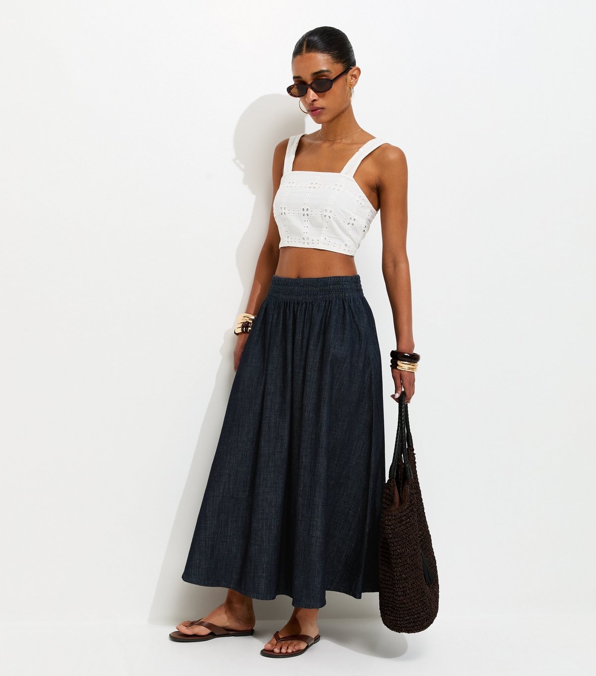 New Look Women's Navy Shirred Waistband Denim Midi Skirt New Look - 2