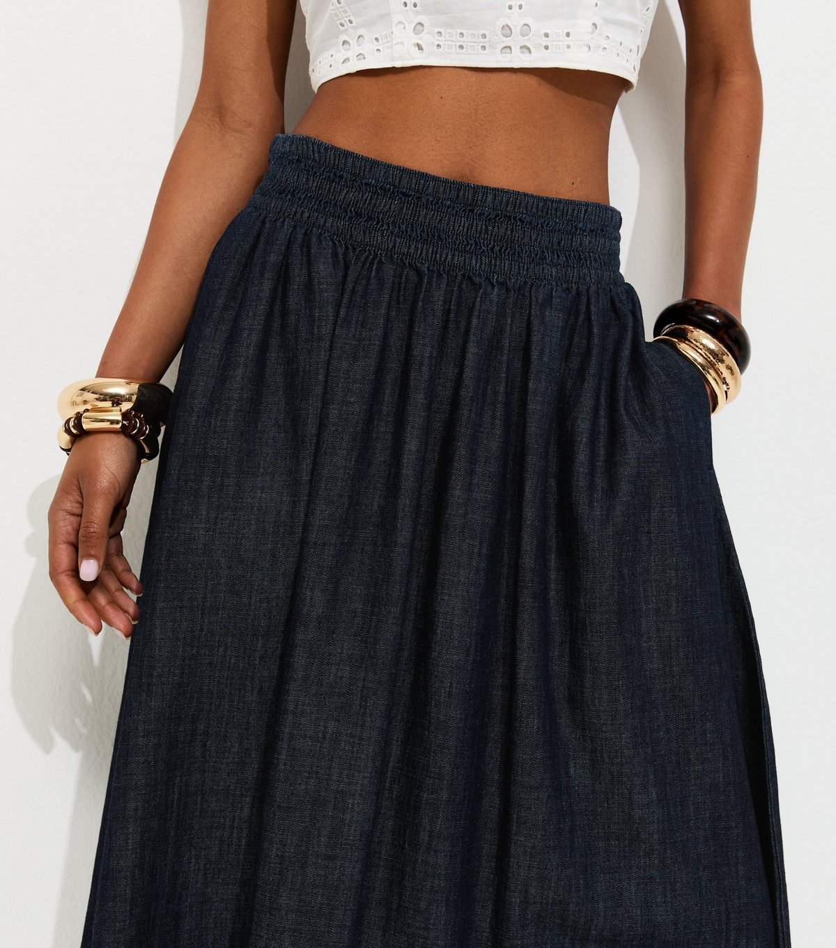 New Look Women's Navy Shirred Waistband Denim Midi Skirt New Look - 3