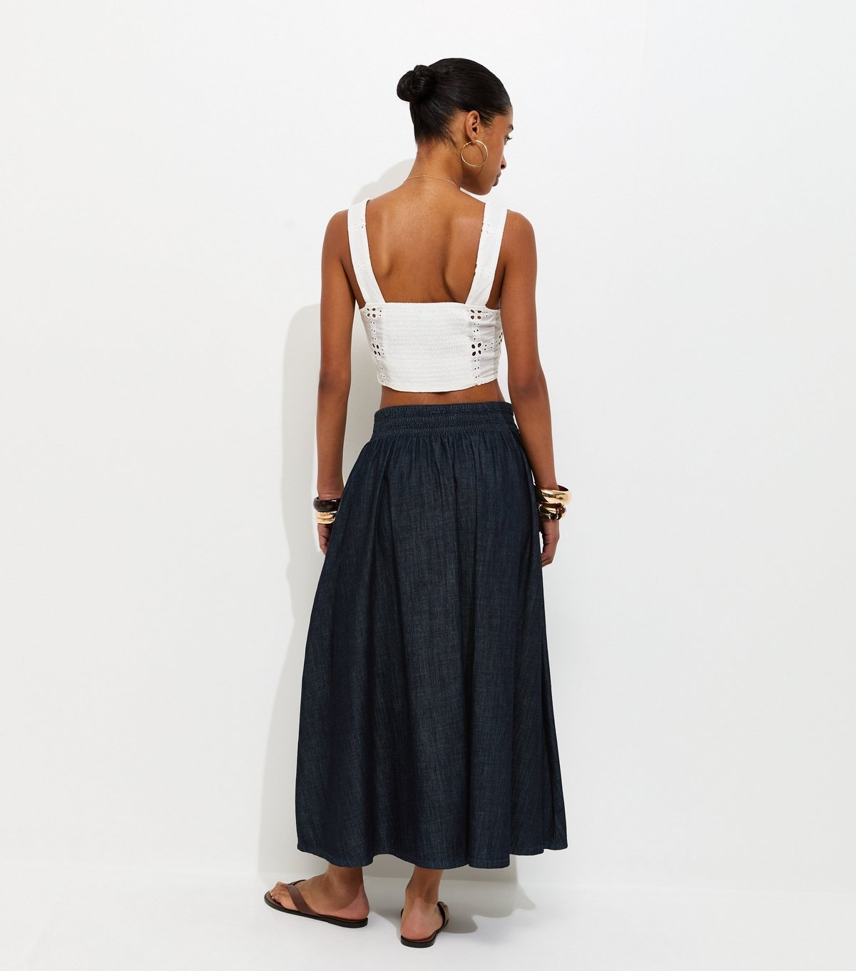 New Look Women's Navy Shirred Waistband Denim Midi Skirt New Look - 4