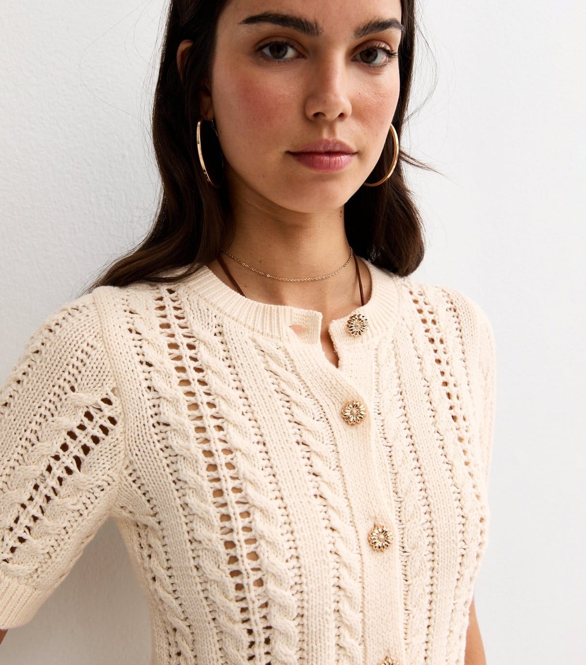New Look Cream Cotton Cable Knit Short Sleeve Cardigan