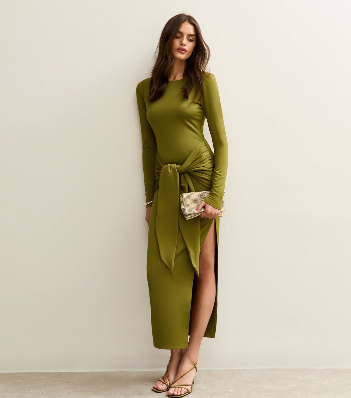 New Look Women's Light Khaki Belted Side Slit Bodycon Midi Dress New Look