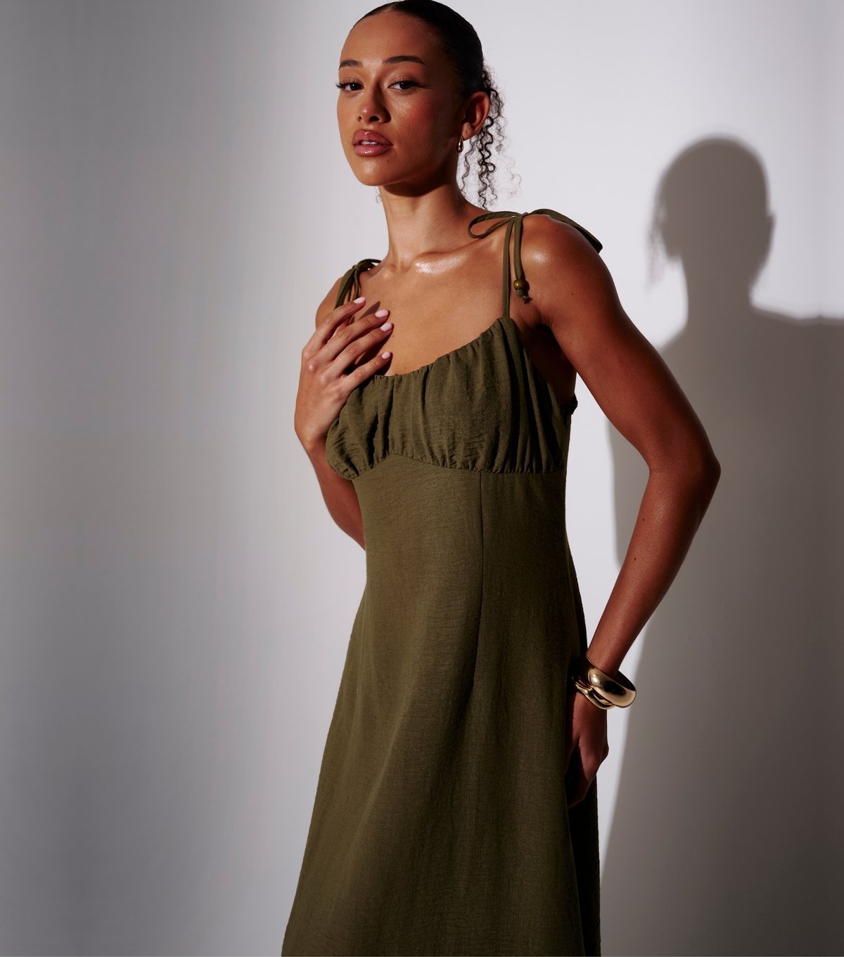 South Beach Women's Dark Khaki Ruched Bodice Midi Dress South Beach New Look - 2