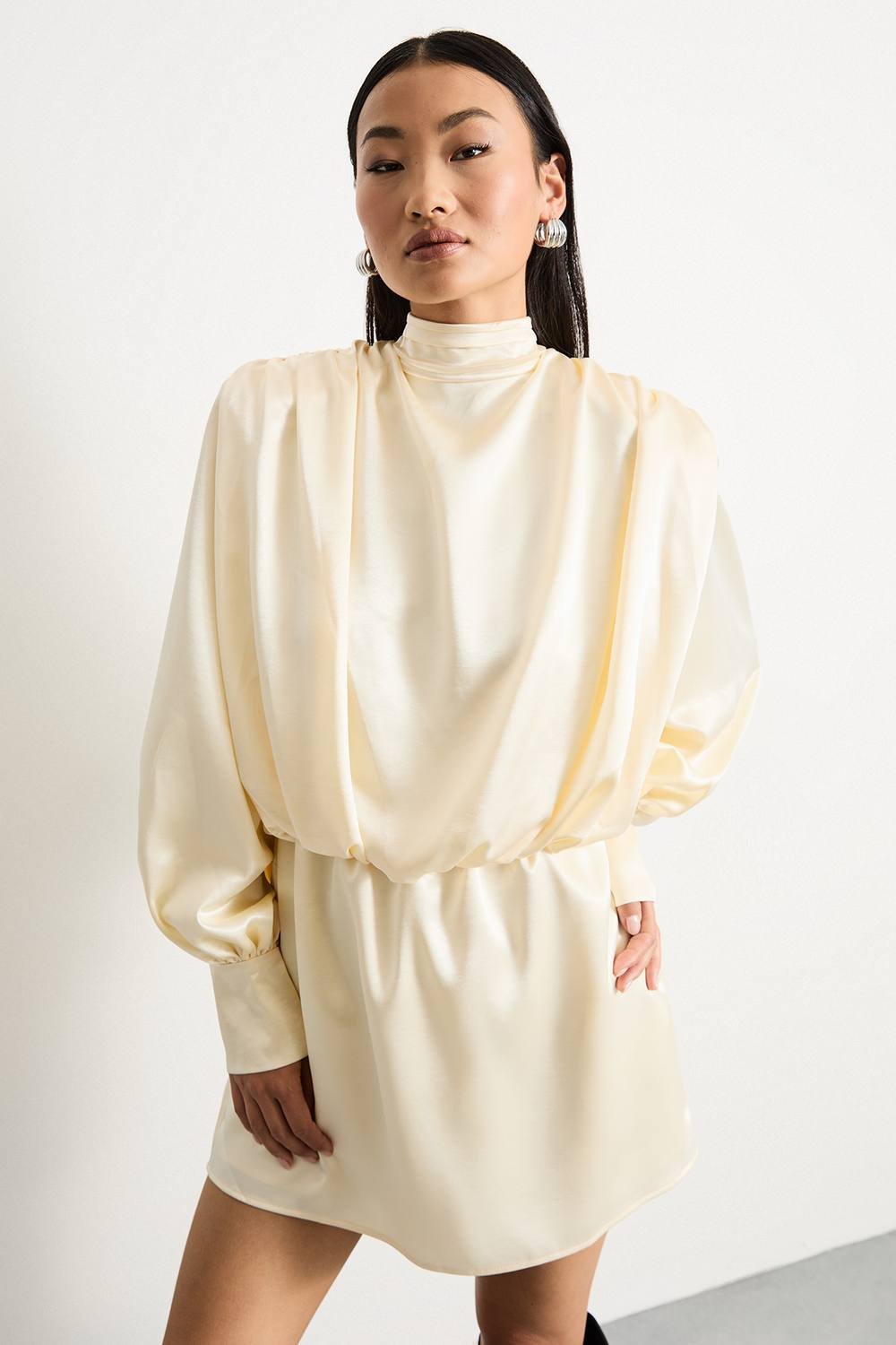 Warehouse Warehouse Women's Petite Extreme Shoulder Draped Satin Mini Dress in Cream - 2