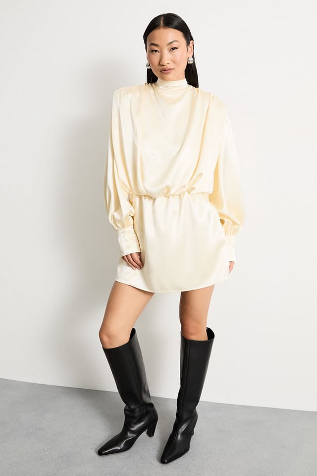 Warehouse Warehouse Women's Petite Extreme Shoulder Draped Satin Mini Dress in Cream - 2