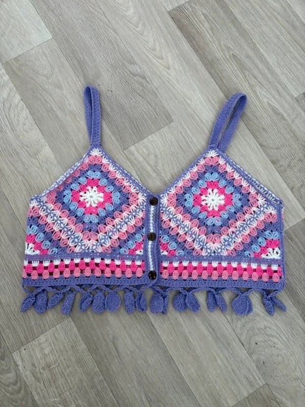 No Label Crochet Festival Top Size S Purple Pink Boho Hippie Granny Square Summer Tassel Crop Top