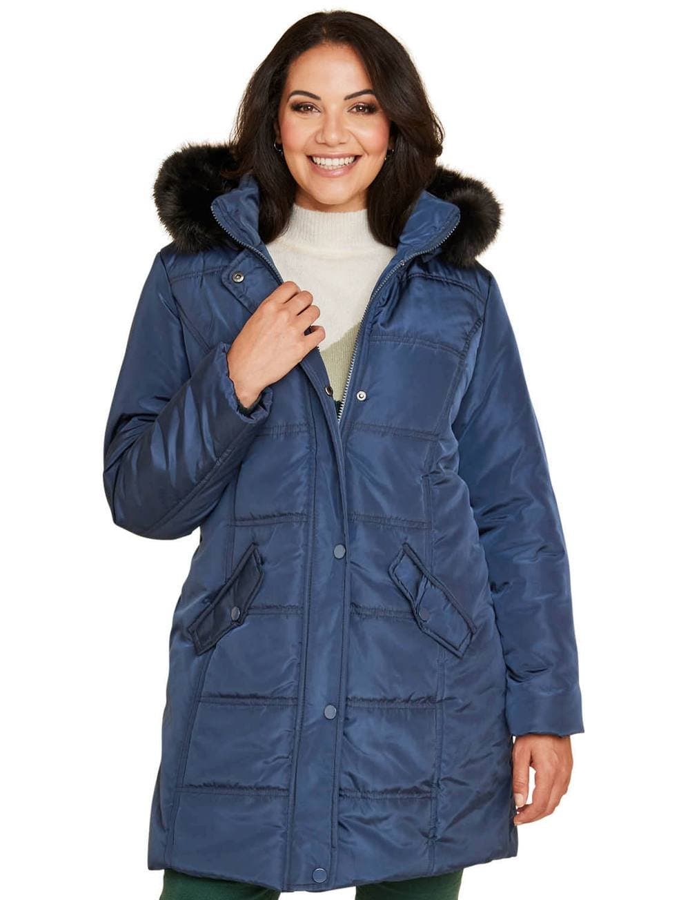 Amber Amber Women's Water Resistant Parka Style Jacket With Detachable Hood in Navy