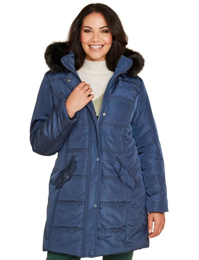 Amber Amber Women's Water Resistant Parka Style Jacket With Detachable Hood in Navy - 2