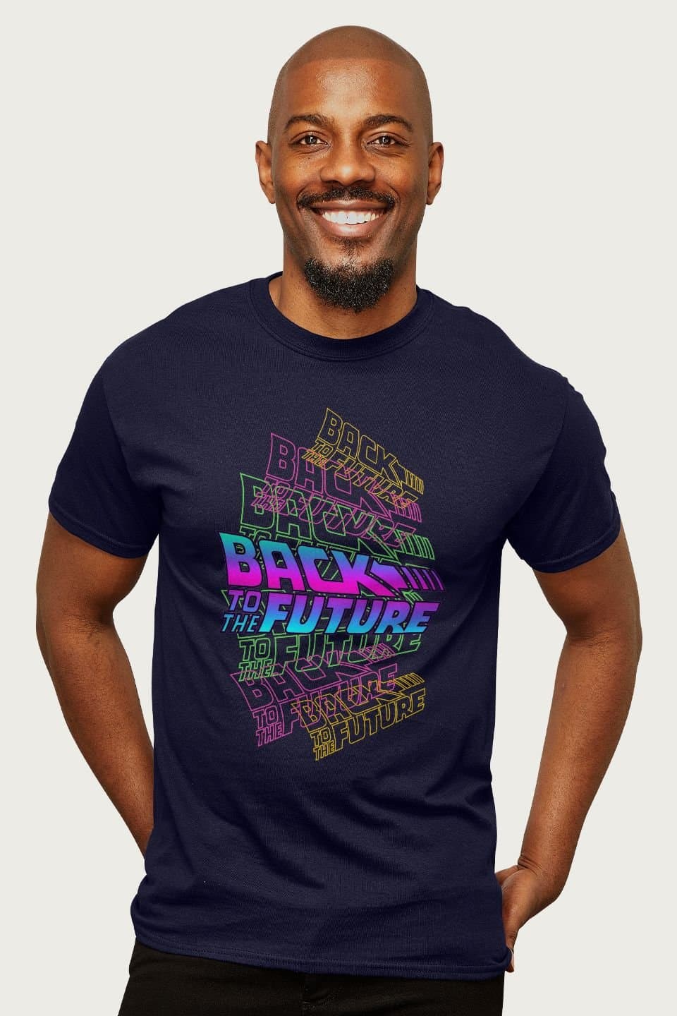 Back To The Future Back To The Future Men's Blue Pink Layered Logo T-Shirt in Navy
