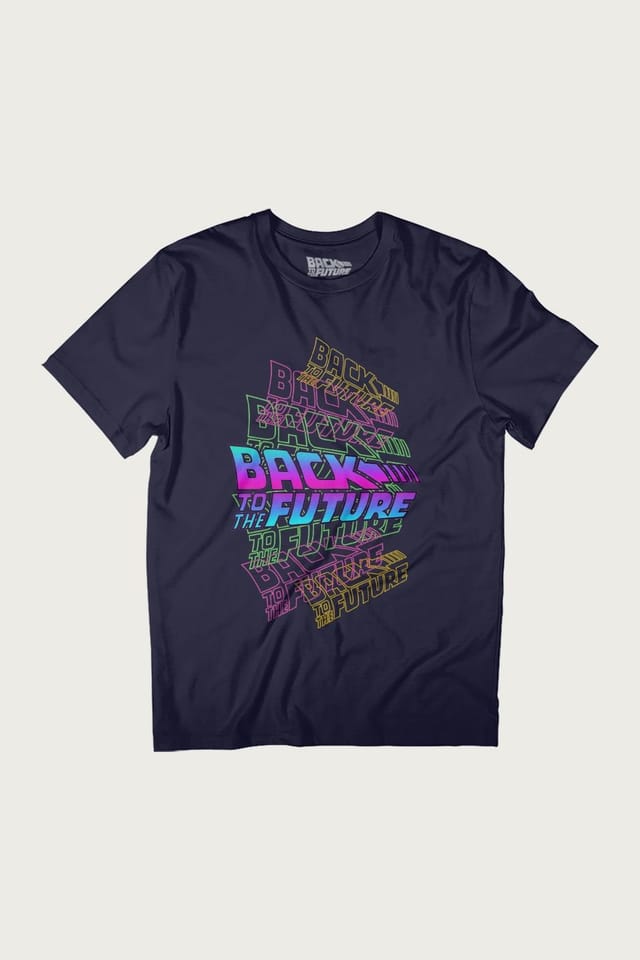 Back To The Future Back To The Future Men's Blue Pink Layered Logo T-Shirt in Navy - 2