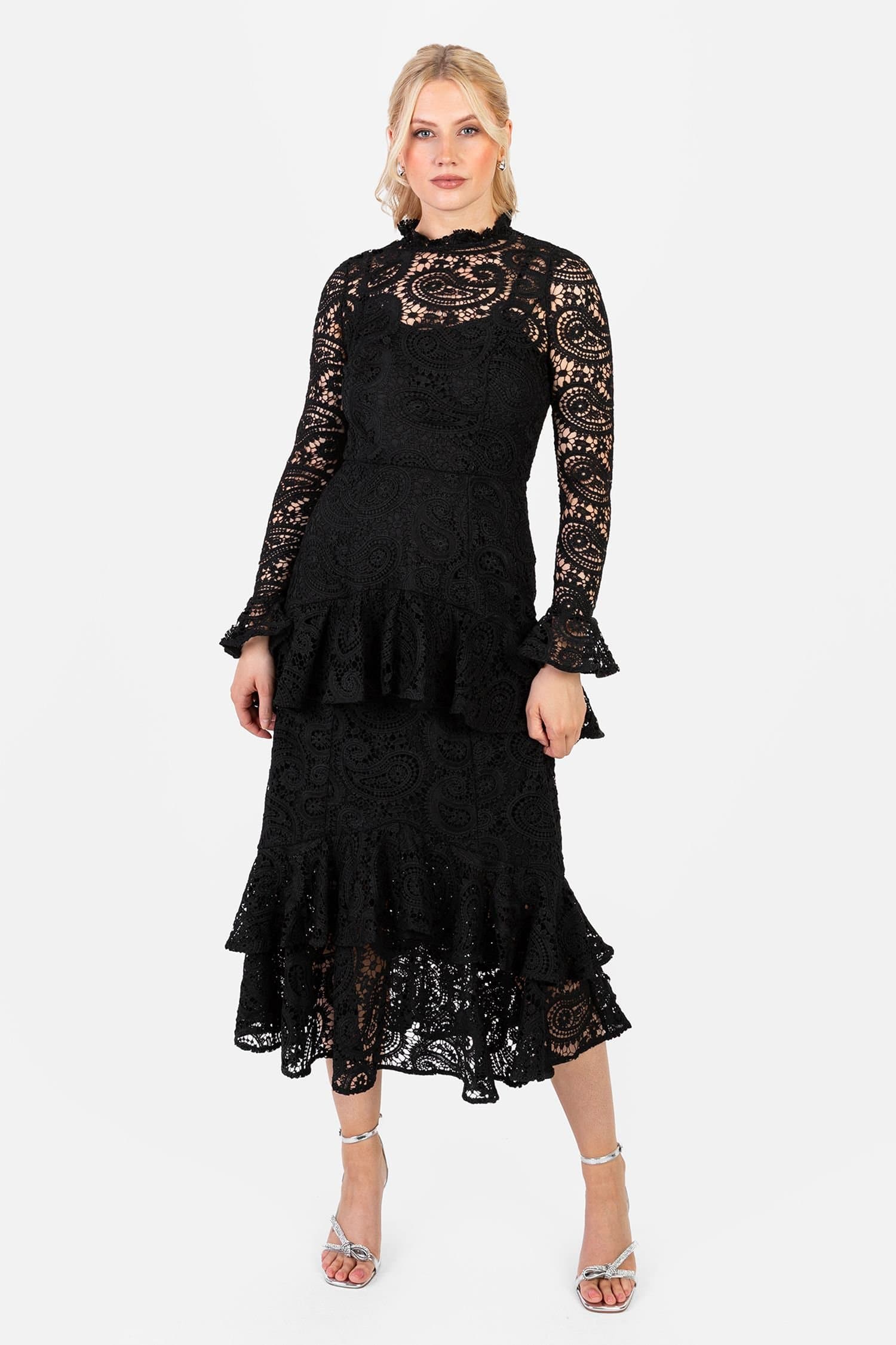 Maya Deluxe Maya Deluxe Women's High Neck Long Sleeve Lace Midaxi Dress in Black