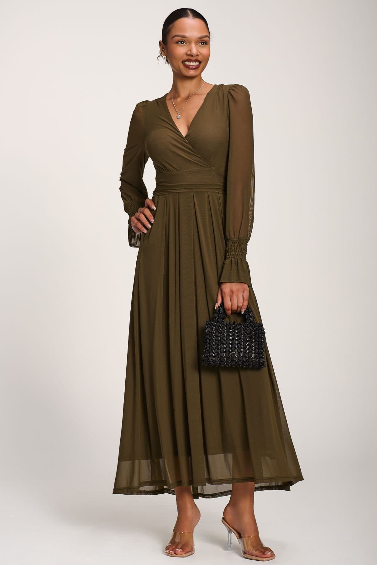 Jolie Moi Jolie Moi Women's Long Sleeve Mesh Maxi Dress in Dark Olive
