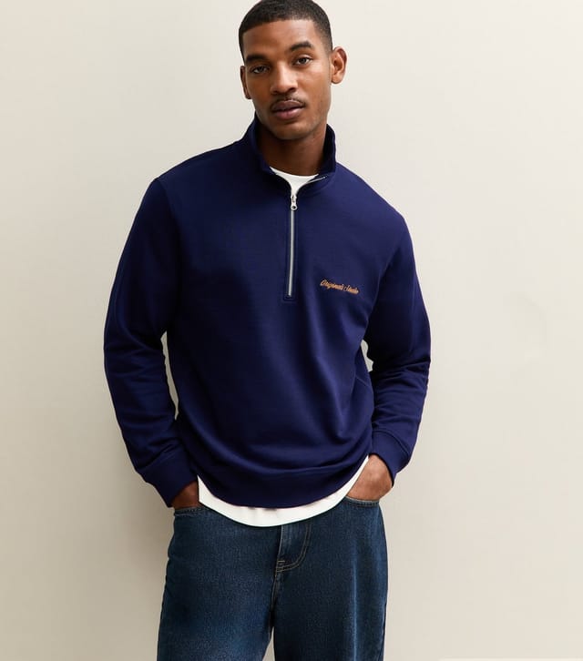 jack & jones Men's Dark Blue Embroidered Logo Half Zip Sweatshirt Jack & Jones New Look - 2