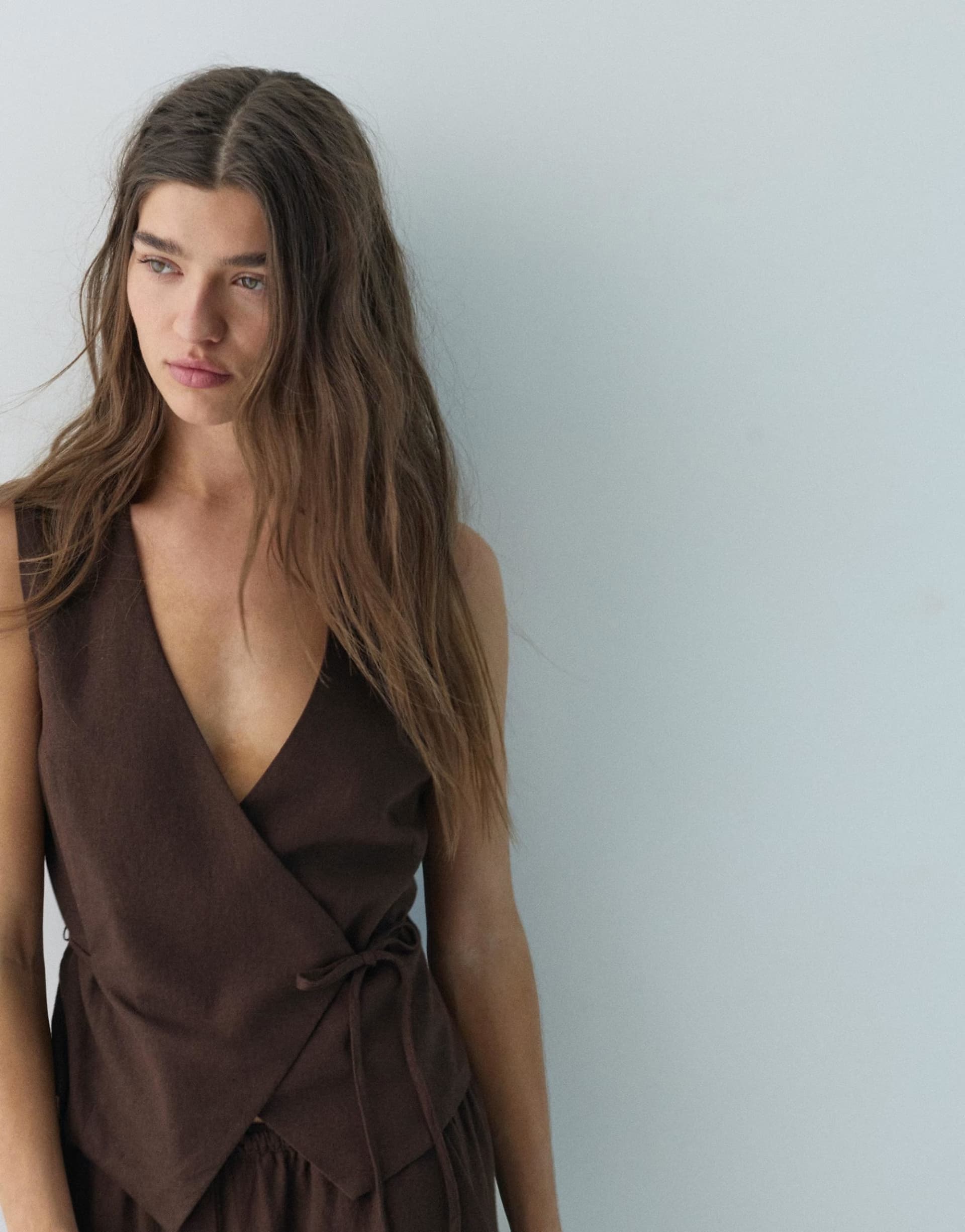 ASOS Pull&Bear linen blend vest with side tie fastening in brown