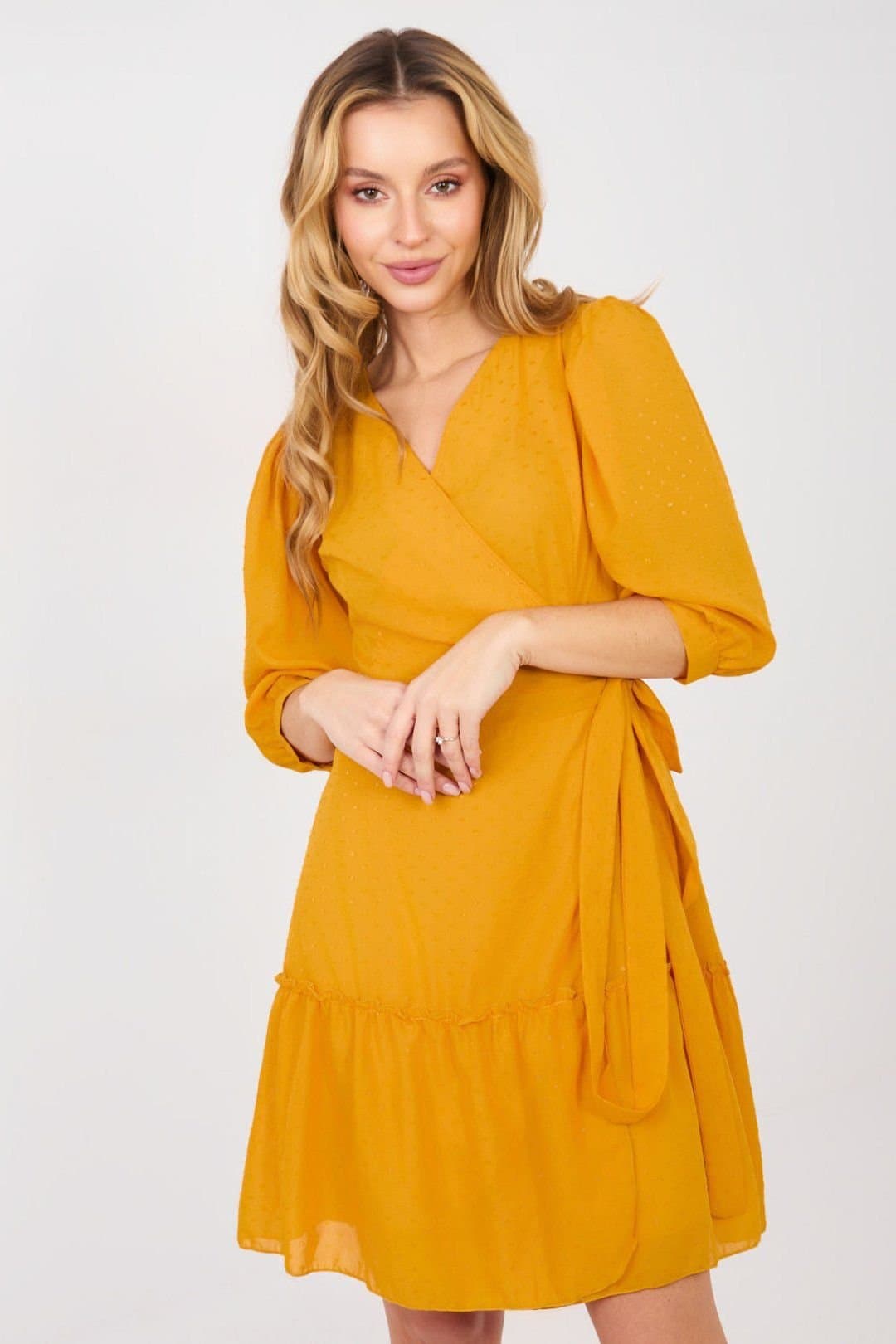 Love Lace Love Lace Women's Cotton Elastane Wrap Cocktail Dress Knee Length in Yellow