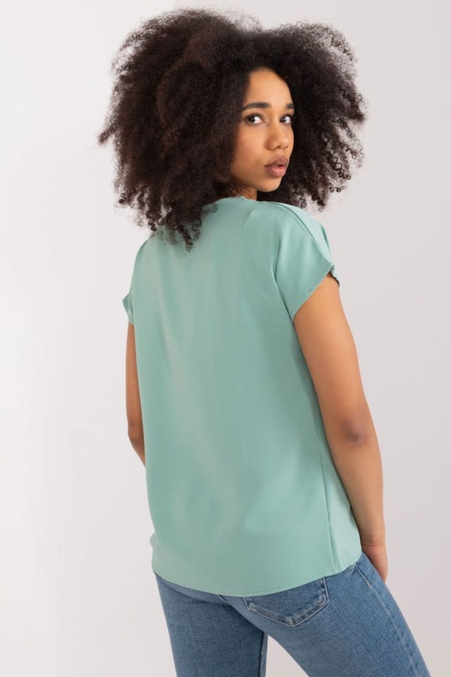 Love Lace Love Lace Women's Casual Straight Neck Short Sleeve Blouse in Green - 3