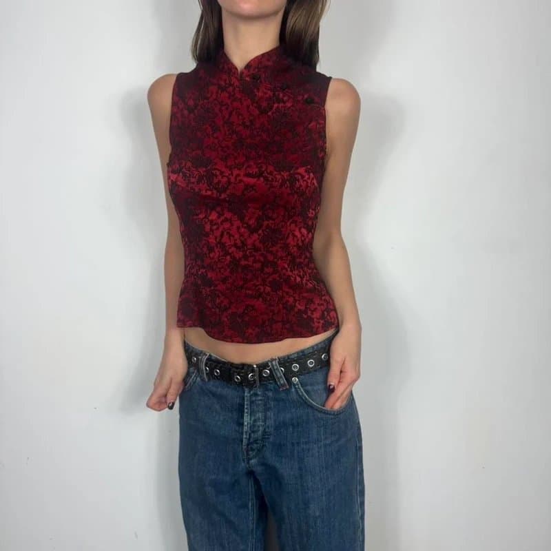 Wallis Red satin top with floral pattern and high neck #goth