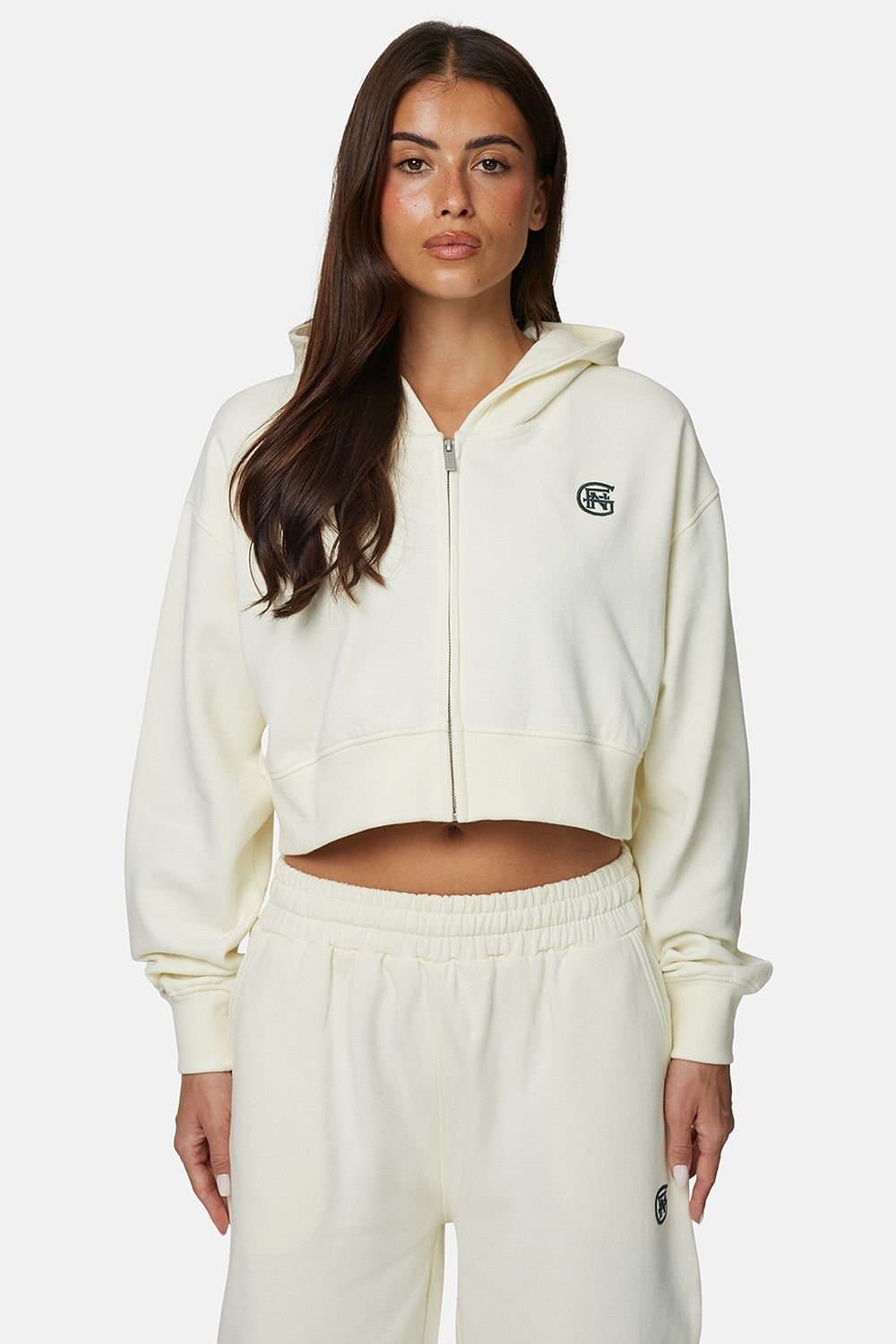 GOOD FOR NOTHING Good For Nothing Women's Cropped Zip Hoodie with Monogram in Cream