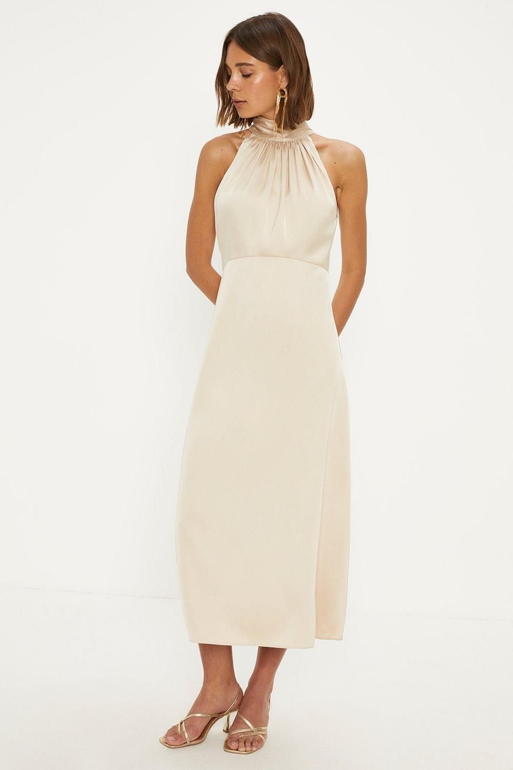 Oasis Oasis Women's Satin Halter Neck Midi Bridesmaid Dress in Champagne - 2