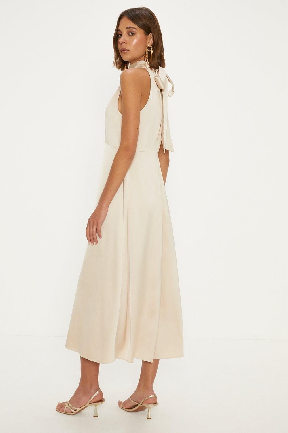 Oasis Oasis Women's Satin Halter Neck Midi Bridesmaid Dress in Champagne - 3