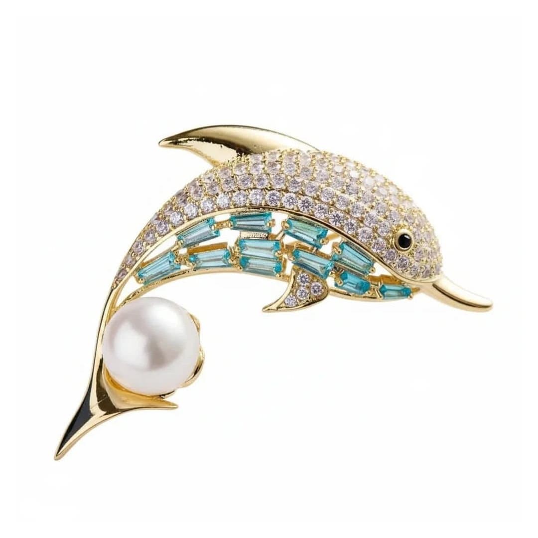 Angel Barocco Angel Barocco Women's Dolphin Pearl Crystal Brooch - Gold