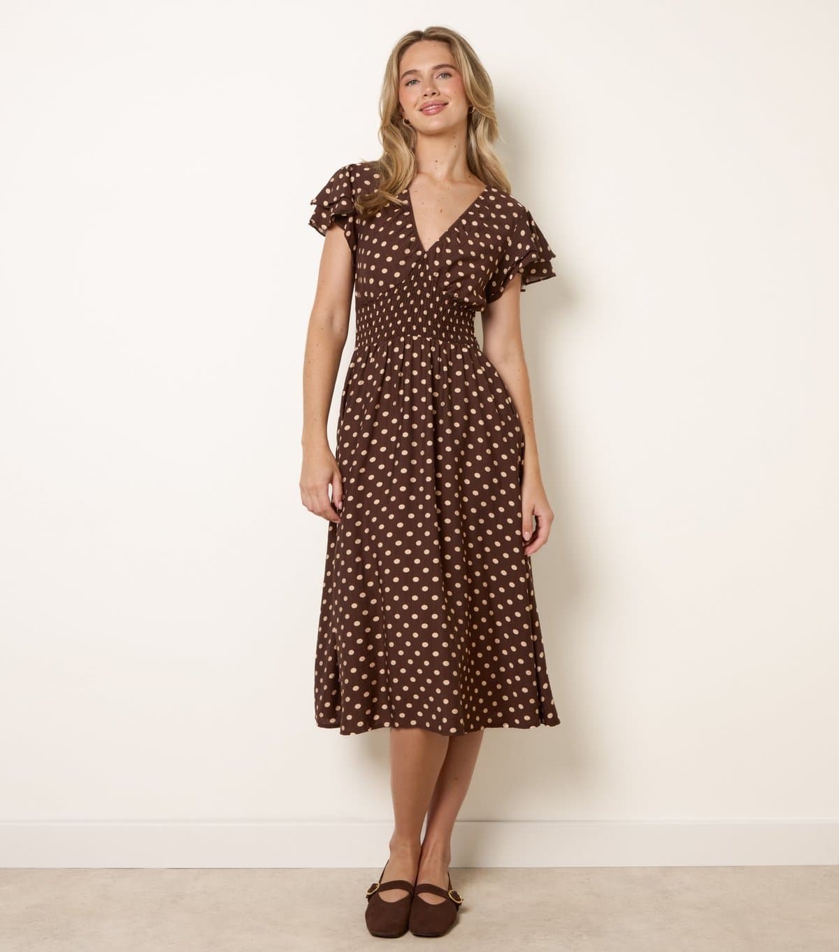 Blue Vanilla Women's Dark Brown Polka Dot Elasticated Waist Midi Dress Blue Vanilla New Look