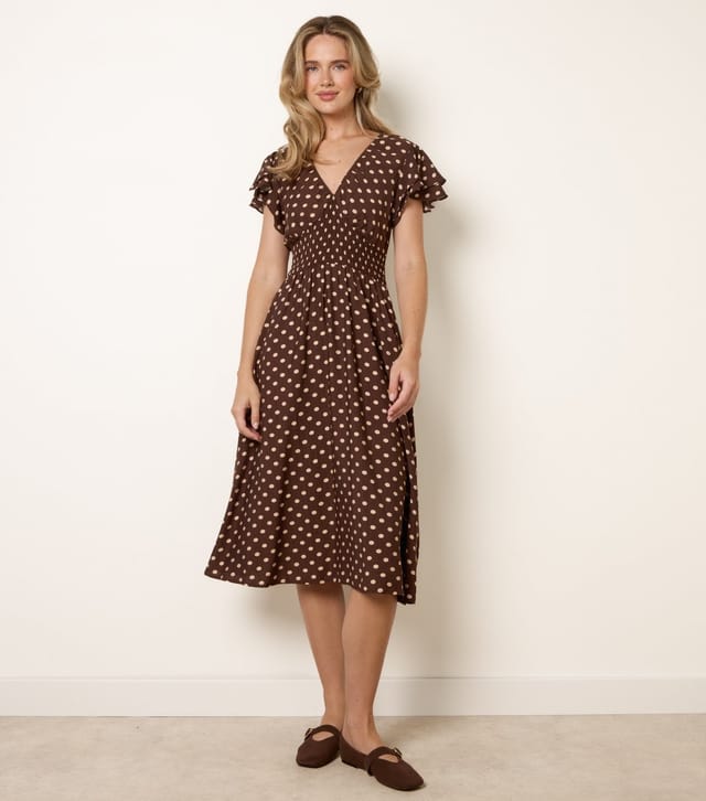Blue Vanilla Women's Dark Brown Polka Dot Elasticated Waist Midi Dress Blue Vanilla New Look - 3