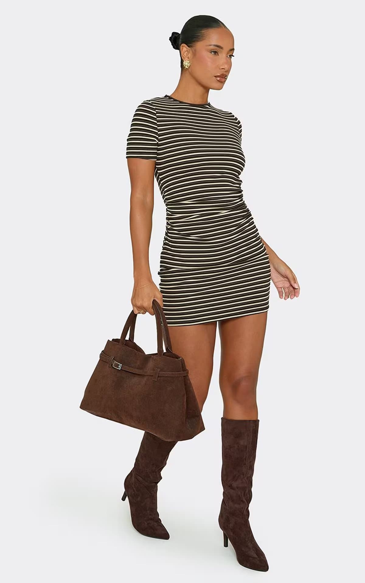 EGO Short Sleeve Ruched Mini Dress In Brown Soft Stripe, Women's Size UK 6