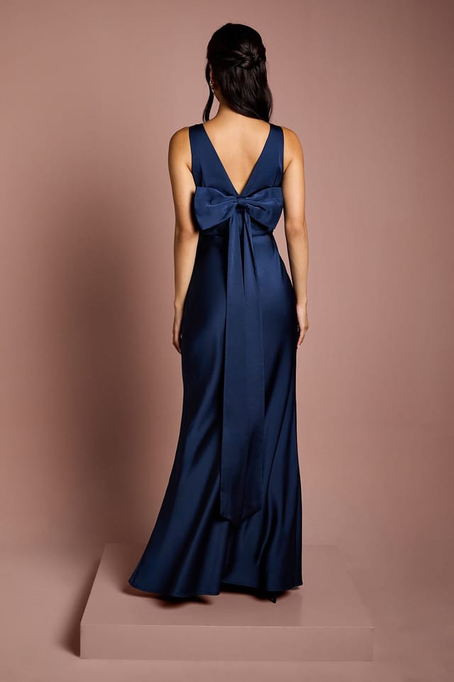 Coast Coast Women's Square Neck Satin & Crepe Bridesmaid Dress with Bow Back in Navy - 3