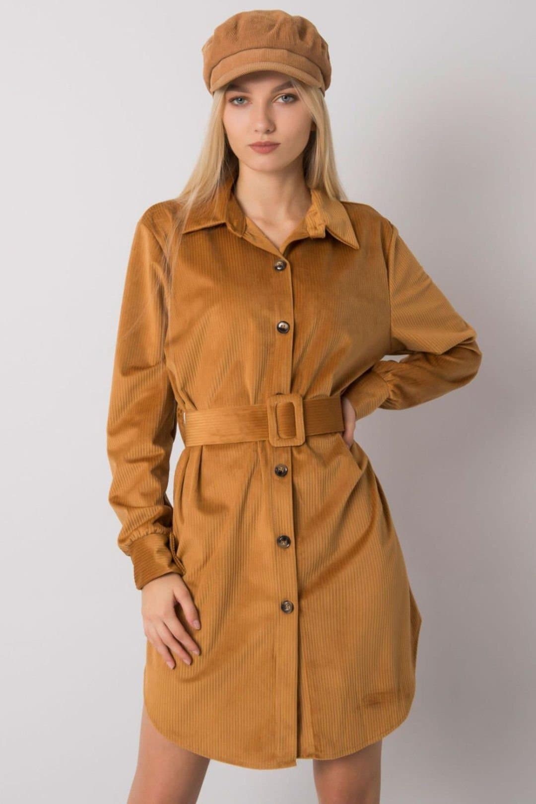 Love Lace Love Lace Women's Camel Button Down Long Sleeve Dress with Belt in Brown