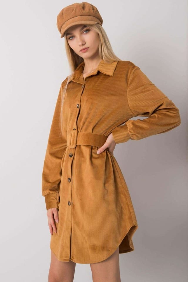 Love Lace Love Lace Women's Camel Button Down Long Sleeve Dress with Belt in Brown - 2