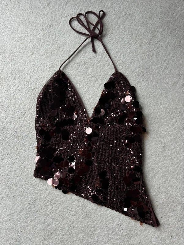 Bershka Sparkly brown asymmetric halter top