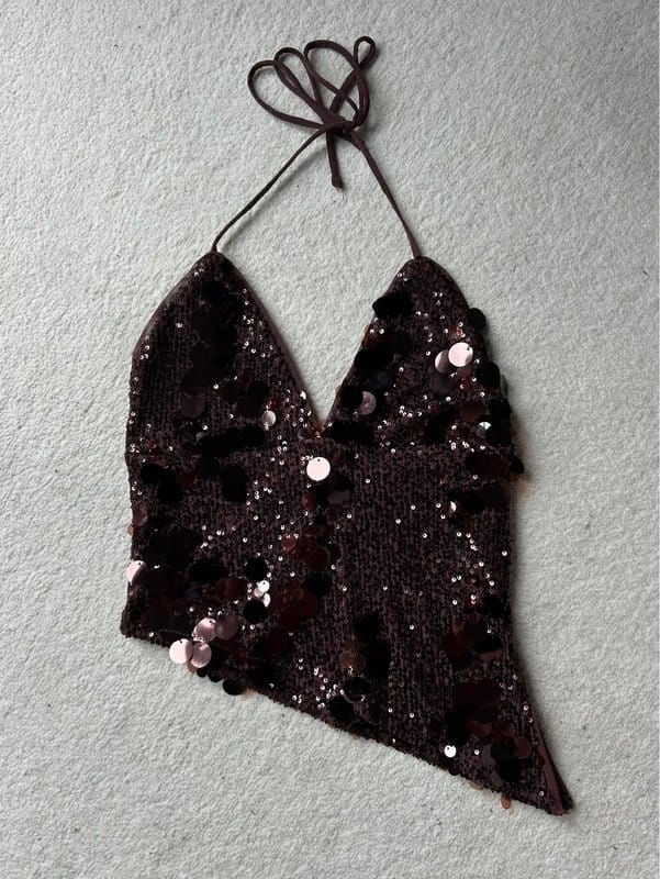 Bershka Brown Sequin Asymmetric Halter Top