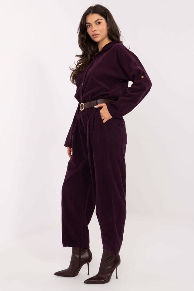 Love Lace Love Lace Women's Soft Corduroy High Waisted Loose Trousers in Plum - 2
