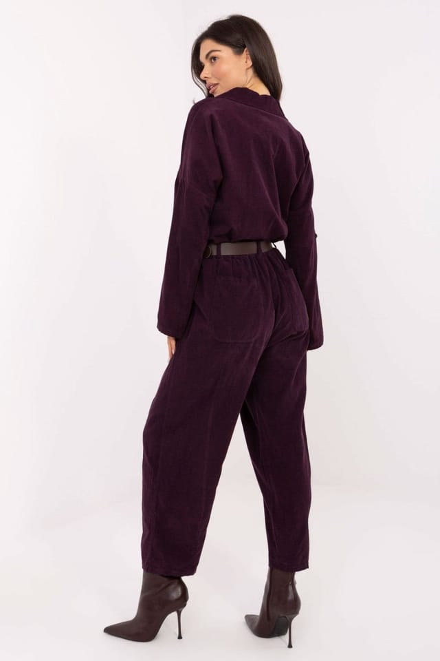 Love Lace Love Lace Women's Soft Corduroy High Waisted Loose Trousers in Plum - 3