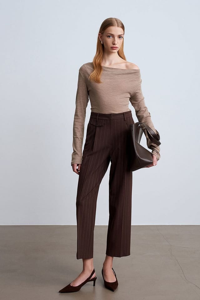 Dilvin Dilvin Women's High-Waist Pleated Straight-Leg Trousers in Brown - 3
