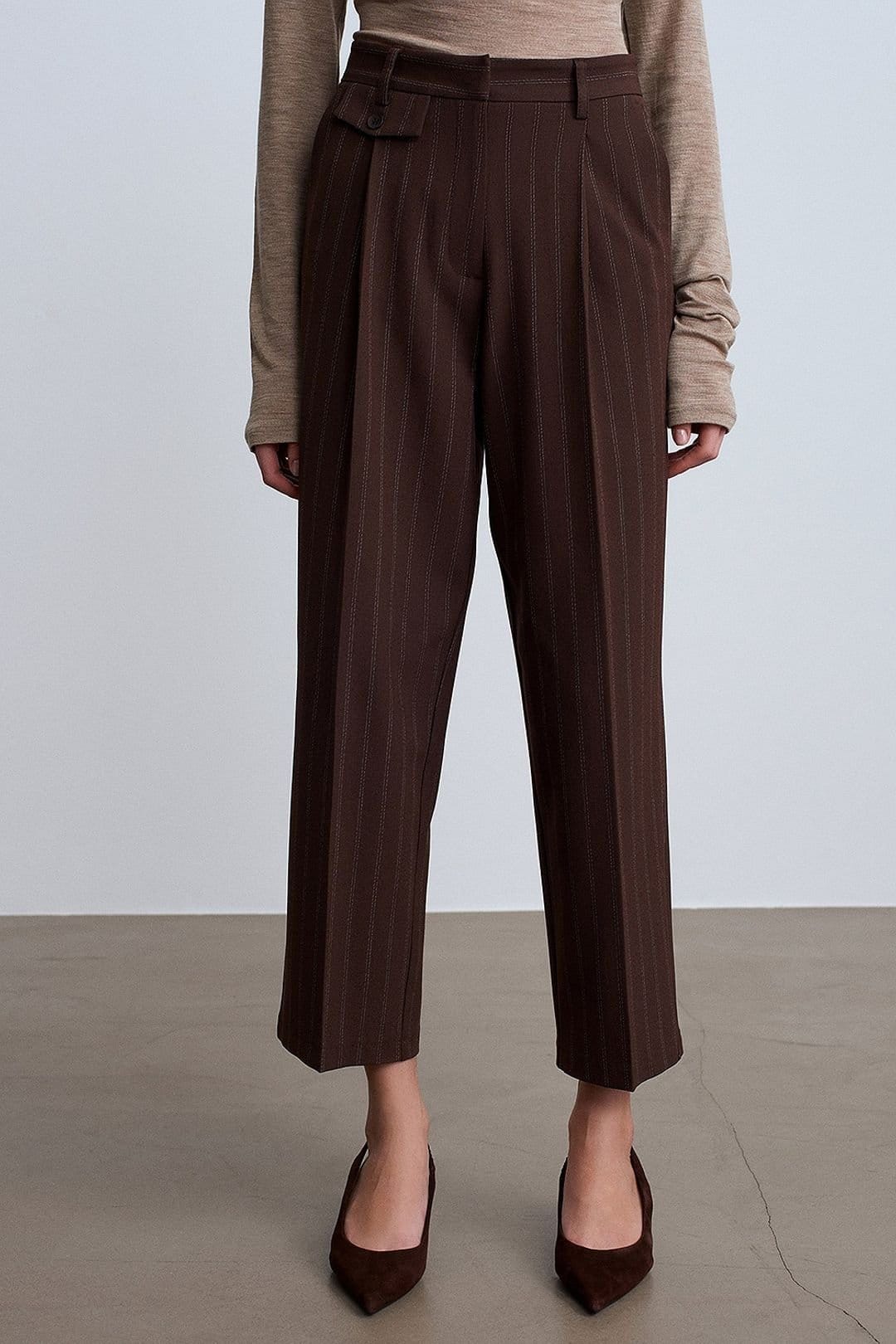 Dilvin Dilvin Women's High-Waist Pleated Straight-Leg Trousers in Brown - 4