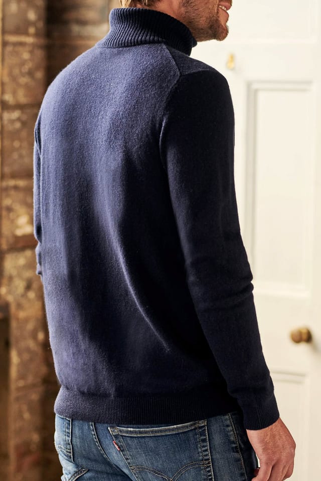 WoolOvers WoolOvers Men's Cashmere & Merino Polo Neck Jumper in Blue - 2