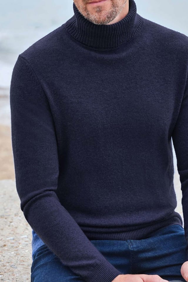 WoolOvers WoolOvers Men's Cashmere & Merino Polo Neck Jumper in Blue - 3