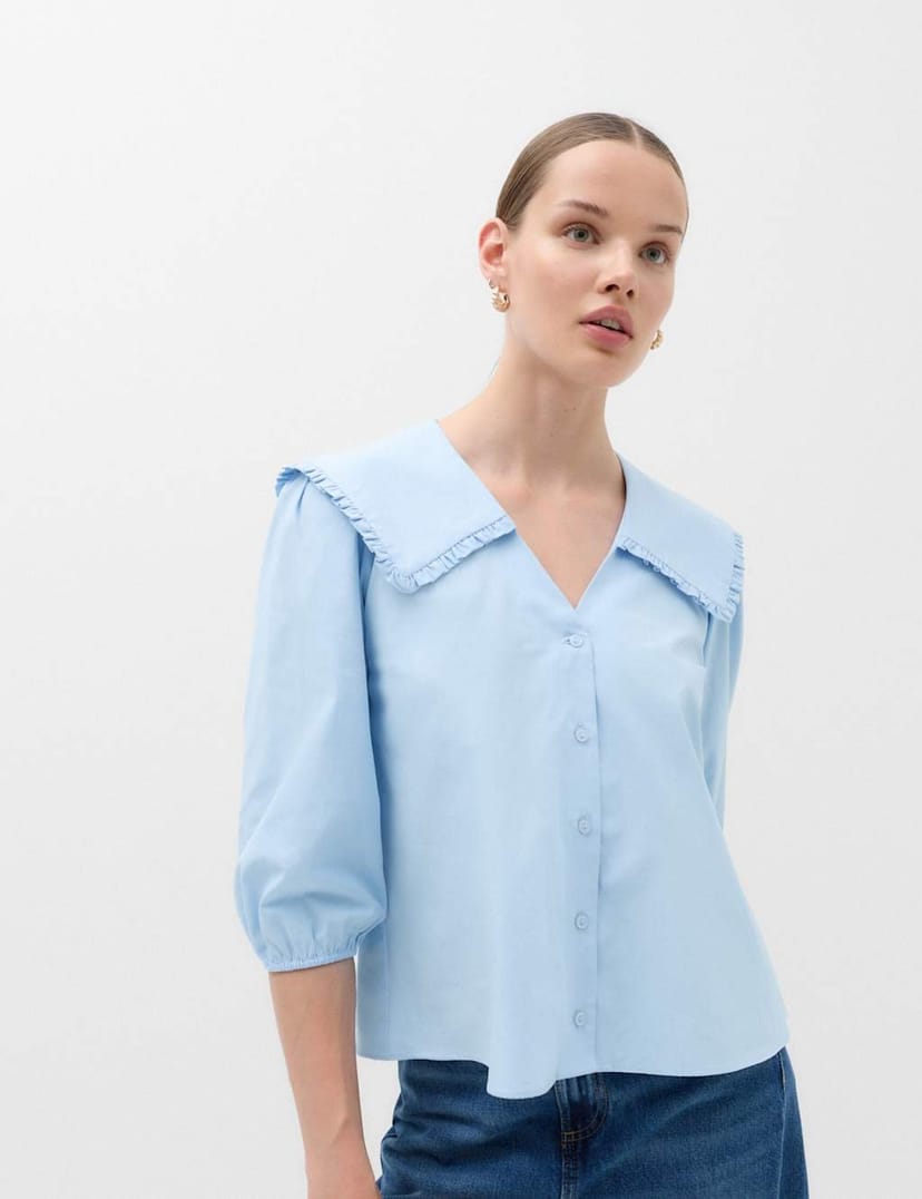 Marks & Spencer M&S Pure Cotton Frilled Sailor Collar Shirt Pale Blue - 1