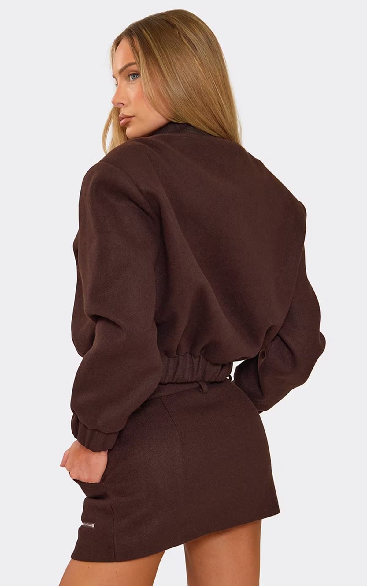 EGO Long Sleeve Zip Detail Bomber Jacket In Brown Wool Look, Women's Size UK 6