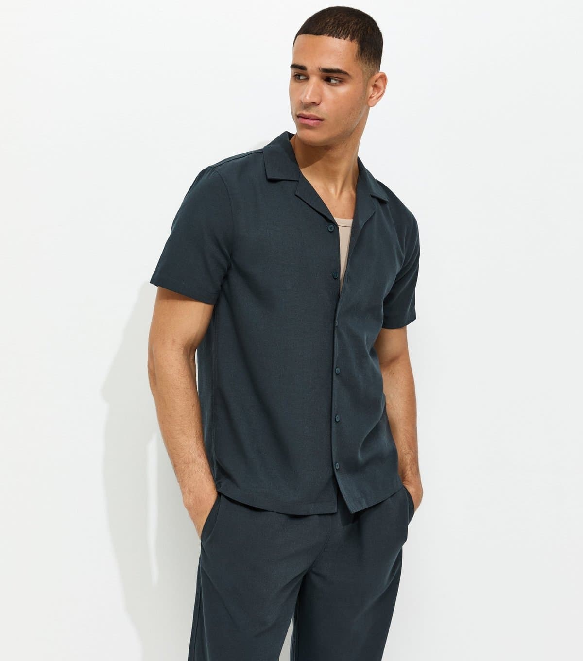 New Look Men's Navy Short Sleeve Regular Linen Look Shirt New Look
