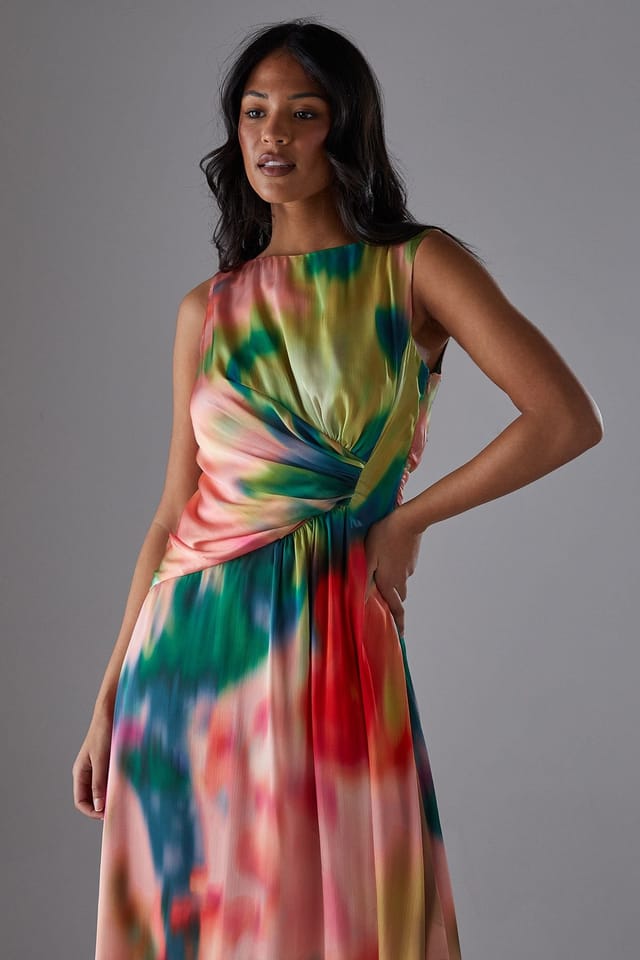 Warehouse Warehouse Women's Printed Satin Sleeveless Knot Front Asymmetric Hem Midi Dress - 2