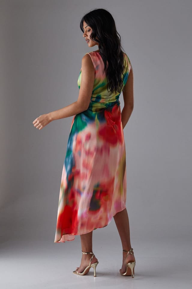Warehouse Warehouse Women's Printed Satin Sleeveless Knot Front Asymmetric Hem Midi Dress - 3